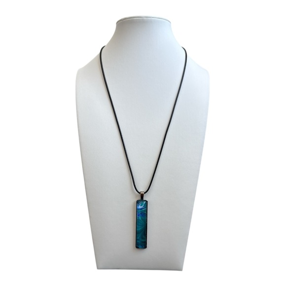 Handmade Teal and Blue Fluid Art Bar Pendant Necklace - Picture 3 of 10